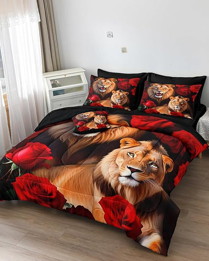Bedbay Bedding Comforter Set King Size Wild Animal Bedding Set Rose Flowers and Lion Couple Printed 8 Pieces King Bed in a Bag Set Teen Adults Comforter Set with Sheets