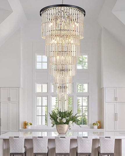 Luxury Modern Black Staircase Chandelier, Large 37-Light Foyer Pendant Lighting for High Ceilings, Long Entryway and Stairwell Chandelier Fixture
