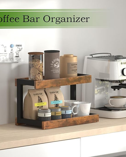 MARTY 2 Tier Spice Rack Organizer for Countertop, 15.8''L Coffee Station/Bathroom Organizer Countertop, Counter Shelf Desktop Storage Organizer for Kitchen, Bedroom, Office (Rustic Brown)