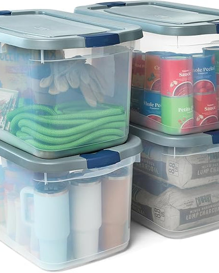 Rubbermaid Roughneck Clear 66 Qt/16.5 Gal Storage Containers, Pack of 4 with Latching Grey Lids, Visible Base, Sturdy and Stackable, Great for Storage and Organization