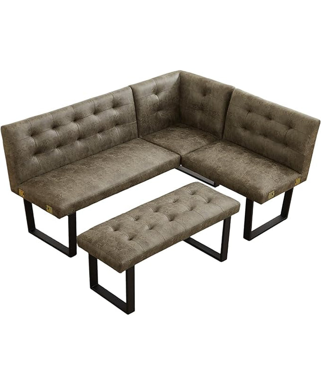 Modern L-Shaped Dining Bench, Vintage Fabric Upholstered Corner Sofa with Metal Legs for Kitchen Nook, Living Room, Dining Room (Brown)