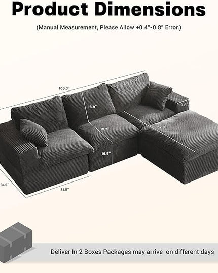 106.3” Sectional Couches for Living Room, Cloud Couch, Modular Sectional Sofa, Convertible Sofas Bed, Deep Seat Sofa, L Shaped Cozy Sofa Furniture Set, Corduroy, Gray