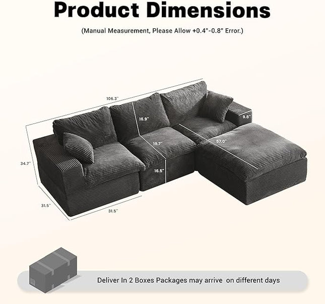 106.3” Sectional Couches for Living Room, Cloud Couch, Modular Sectional Sofa, Convertible Sofas Bed, Deep Seat Sofa, L Shaped Cozy Sofa Furniture Set, Corduroy, Gray