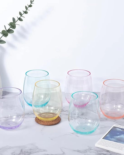 KOXIN-KARLU Classic 18-ounce Acrylic Stemless Wine Glasses, Unbreakable Mixed Drinkware Plastic Tumbler, set of 12 Multicolor