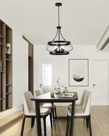 5-Light Farmhouse Chandelier, 17.72" Rustic Drum Dining Room Light Fixture, Black Chandeliers Hanging Pendant Lighting, Industrial Candle Chandeliers for Living Room Kitchen Entryway Bedroom