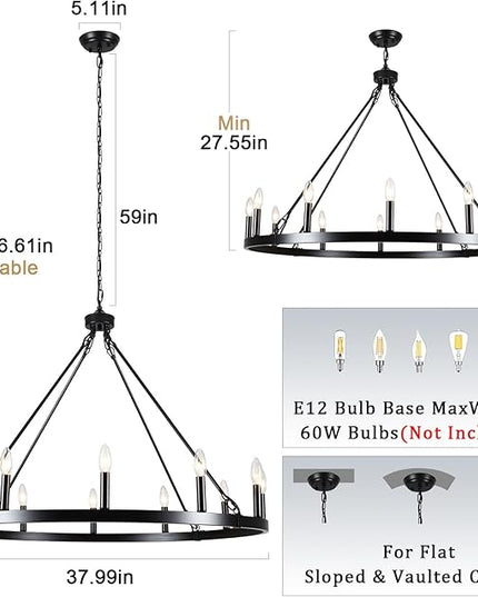 12-Light Black Wagon Wheel Chandelier for Dining Room Farmhouse Pendant Light Fixtures Outdoor for Rustic High Ceilings Round Chandeliers for Living Room Entryway Foyer Kitchen Island,38",E12