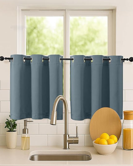 Simplebrand Stone Blue Short Kitchen Curtains 24 Inch Length 2 Panels Set, Small Windows Room Darkening Curtain for Bathroom, Cabinet, Basement, RV Camper, Thermal Insulated Short Drapes, 40 x 24 Inch