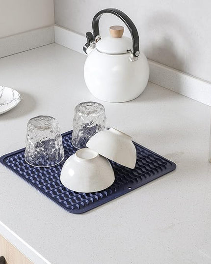 Silicone Dish Drying Mat for Multiple Usage,Easy clean,Eco-friendly,Heat-resistant Silicone Mat for Kitchen Counter or Sink,Refrigerator or Drawer liner Navy Blue M 12 inches x 12 inches
