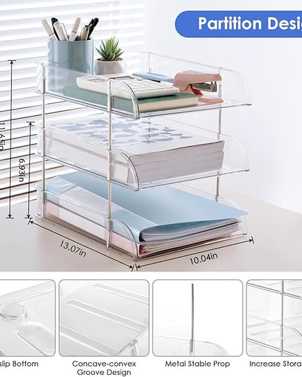 Noger Desk Organizers and Storage, 3 Tier Clear Heightened Stackable Paper Tray Organizer for Document, Letter, A4 File Paper, Desk Accessories, Office Supplies (Clear, 3 Pack)