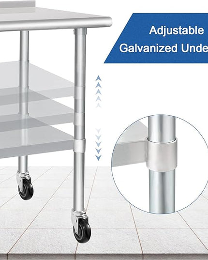 HARDURA Stainless Steel Table with Wheels 30X72 Inches NSF Heavy Duty Commercial Prep Table with 2” Backsplash and Adjustable Undershelf for Food Prep