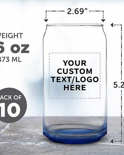 Custom Beer Can Glasses Set of 10, 16 oz. Pint Sized, Promotional Text, Logo, Soda Can Shape, Glassware, Blue