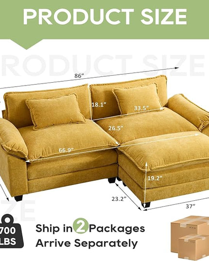 86" Modular Sectional Sofa, Comfy Cloud Couch Sectional Sofa with Ottoman, Chenille Sofa Sleeper Deep Seat Sofa with Throw Pillows for Living Room (Yellow, 86"- L Shape)