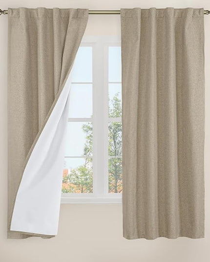 LAMIT Taupe 100% Blackout Linen Curtains, 63 Inches Linen Textured Thermal Bedroom Curtains Back Tab and Rod Pocket Neutral Panels with White Liner for Farmhouse, 2 Panels, 38 x 63 Inch