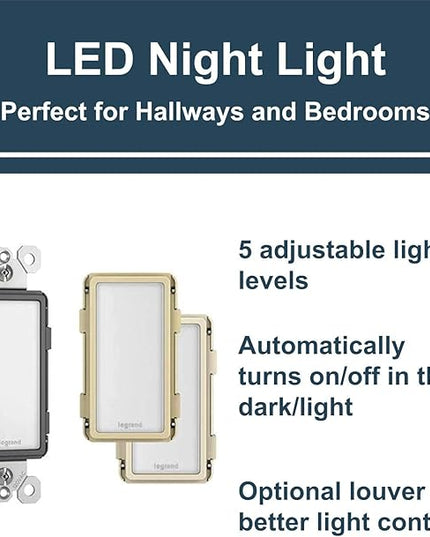 Legrand radiant NTLFULLTCCC6 Full Adjustable LED Night Light Outlet, For Hallways and Stairs, Optional Louver, Black/Light Almond/Ivory (1 Count)