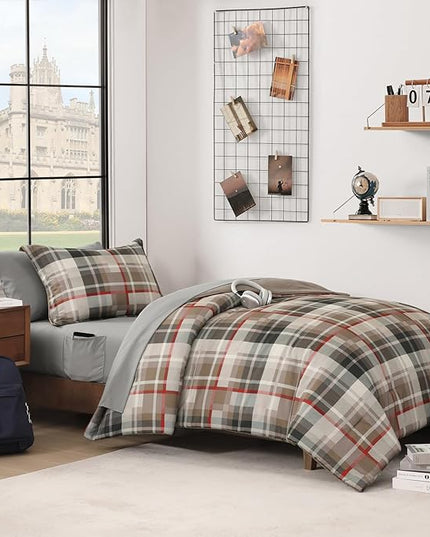 MaiRêve Twin XL Comforter Set, Plaid Design Comforter Set 5 Pieces,Twin XL Comforter for Dorm Farmhouse All Season Lightweight &Comfy with Fitted Sheet, Flat Sheet (Khaki, 66"x90")