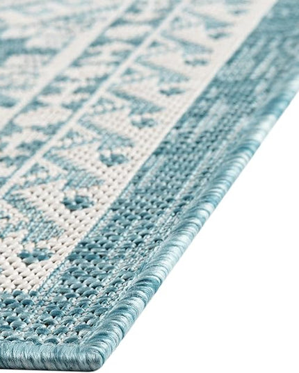 Rugs.com Outdoor Aztec Collection Rug – 7' x 10' Aqua Flatweave Rug Perfect for Living Rooms, Large Dining Rooms, Open Floorplans