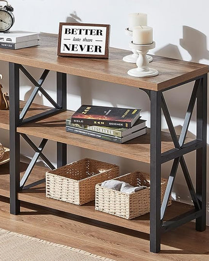 IBF Farmhouse Entryway Table, Rustic Long Console Table Behind Couch, Modern Metal Wooden Sofa Table with Storage Shelves, 3 Tier Foyer Hallway Table for Livingroom, Rustic Oak,63 in