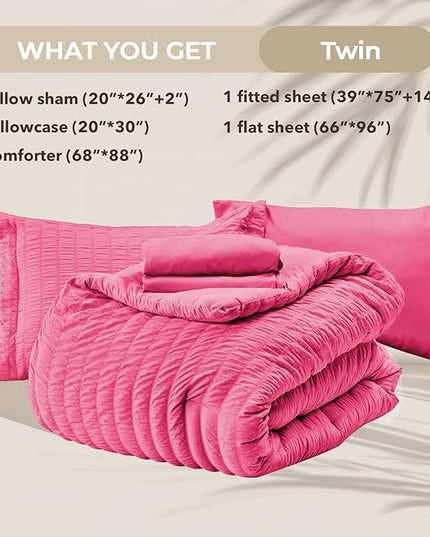 HYMOKEGE Hot Pink Twin Comforter Set Seersucker 5 Pieces, All Season Luxury Bed in a Bag for Bedroom, Bedding Set with Comforter, Sheets, Pillowcase & Sham
