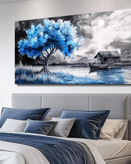 PHAOHUAXM Large Wall Art For Living Room Blue Wall Decor For Bedroom Black White And Blue Trees Wall Pictures Restaurant Office Frame Printing Canvas Large Artwork Modern Home Decoration 30x60 in