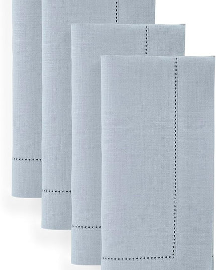 Solino Home Dusty Blue Linen Napkins Set of 4-100% Pure Linen Hemstitch Dinner Napkins 20 x 20 Inch - Classic Hemstitch