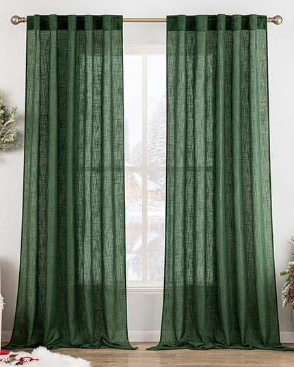 MIULEE Emerald Green Linen Curtains 120 Inches Long for Bedroom Living Room, Christmas Soft Thick Linen Textured Window Drapes Semi Sheer Light Filtering Back Tab Rod Pocket Burlap Look, 2 Panels