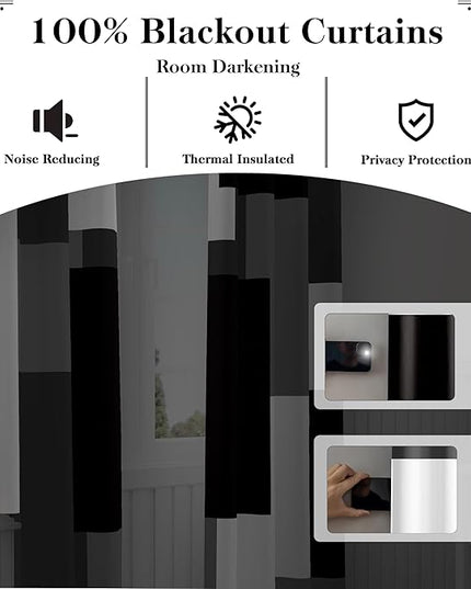 Black Grey 100% Blackout Curtains for Bedroom 72 inch Length 2 Panels Set White Grey Modern Abstract Geometric Black Out Curtains Insulated Room Darkening Window Drapes for Living Room, 42Wx72L