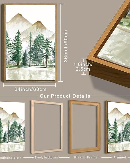 Extra Large Forest Mountain Wall Art Green Watercolor Framed Tree Painting Wall Decor for Living Room Bedroom Bathroom Office 24x36 Inch Set of 3