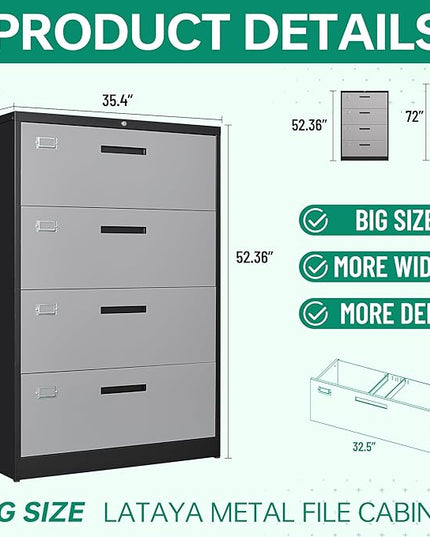 Letaya 4 Drawer Lateral Metal Filing Cabinet with Lock-File Cabines-Organization Storage Cabinets for Home Office-Hanging Letter/Legal/F4/A4 Size (4 Drawer-Grey Black)