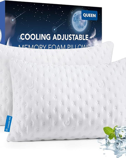Cooling Side Sleeper Pillow for Neck and Shoulder Pain, Luxury Shredded Memory Foam Pillows for Sleeping, Firm Bed Pillows Queen Size Set of 2- Adjustable Queen Size- Washable Cover Original White