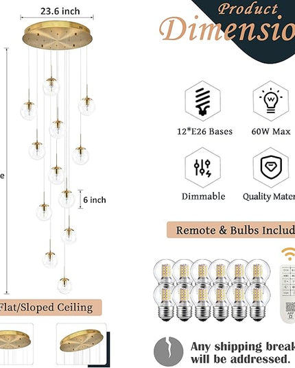 KoKo&Yukina 12-Light Gold Mid Century Modern Chandelier for Living Room Staircase Chandelier for Entryway Clear Globe Glass Chandelier High Ceiling Chandeliers Foyer Entryway (Bulb & Remote Incl.)
