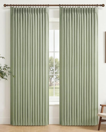 Sage Green Pinch Pleated Curtains 84 Inches Long for Patio Sliding Glass Doors, Memory Trained Viral Blackout Two Layer Linen Boho Drapes Insulated Noise Blocking Windows Curtain 40W x 84L x 2 Panels