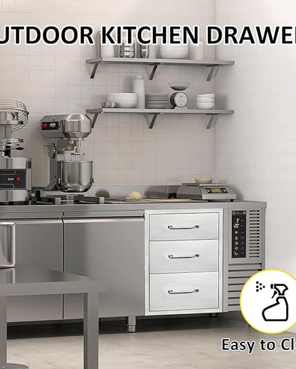 Outdoor Kitchen Drawers 14" W x 21"H x 21"D Stainless Steel Drawer Flush Mount Triple BBQ Drawers with Chrome Handle for Outdoor Kitchen Island, Patio Grill Station