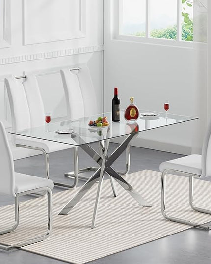 5 Piece Glass Dining Table Set, Glass Kitchen Dining Room Table Set for 4, 51" Modern Rectangular Silver Glass Metal Dining Table with 4 White Leather Dining Chairs for Kitchen Dining Room
