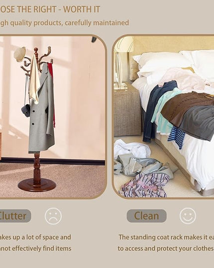 Coat Rack Freestanding with 18 Hooks, Wooden Standing Coat Racks for Entryway, Solid Wood Clothes Hanger Rack with Sturdy Round Base for Entryway, Hall, Bedroom, Office, Hallway (Caramel color)