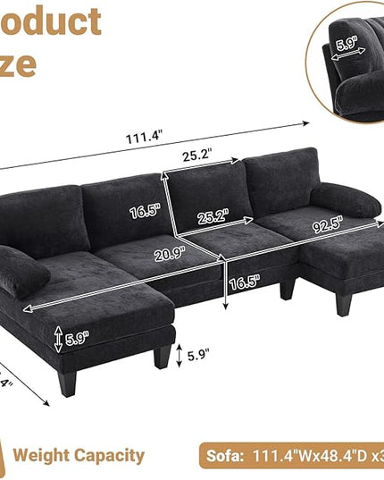 VINGLI 110" Sectional Couches for Living Room,U Shaped Couch with Double Chaise, 4-Seat Sofa Set with Chenille Fabric for Home Furniture,Black