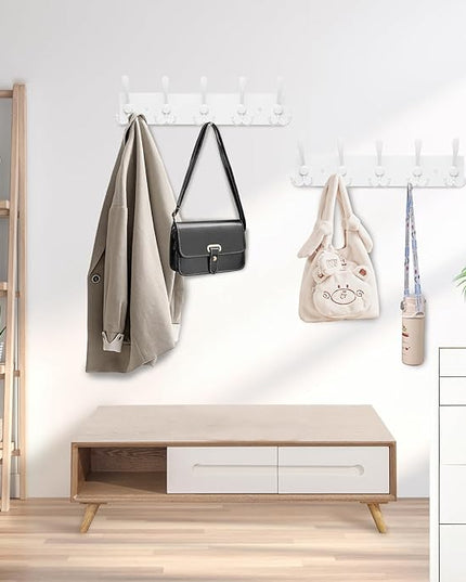 Coat Rack Wall Mount Coat Hooks Wooden Hat Rack for Wall Hooks Pine Real Wood Plank 16.9" White Coat Hanger with 5 White Triple Hooks for Hanging Coat Hat Jacket