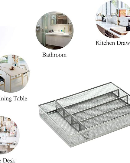 JANE EYRE Drawer Organizer, Cutlery Tray Silverware Flatware Storage Divider for Kitchen, Mesh Wire with Non-slip Foam Feet, 5 Component, Silver