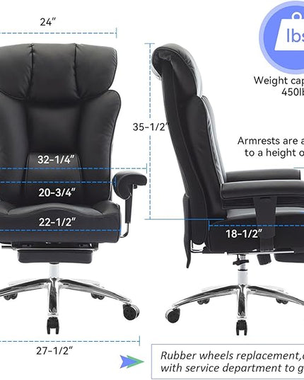 Efomao Ergonomic Office Chair 450LBS with Foot Rest, High Back PU Leather Executive Office Chair with Adjustable Armrests, Lumbar Support for Home or Work, Computer Chair, Black