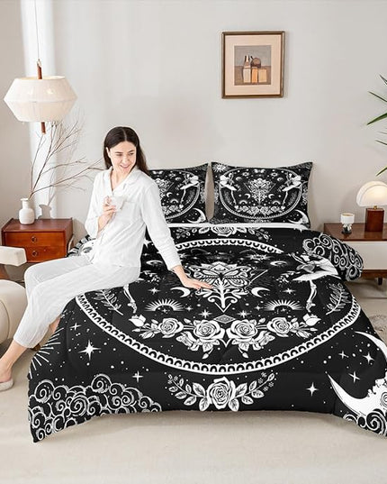 Sun Moon Kids Comforter Set King Size,Starry Sky Galaxy Trippy Bedding Set,Boys Girls Adults Room Decor,Butterfly Skeleton Rose Flowers Boho Down Comforter,Black White Duvet Insert,2 Pillowcases