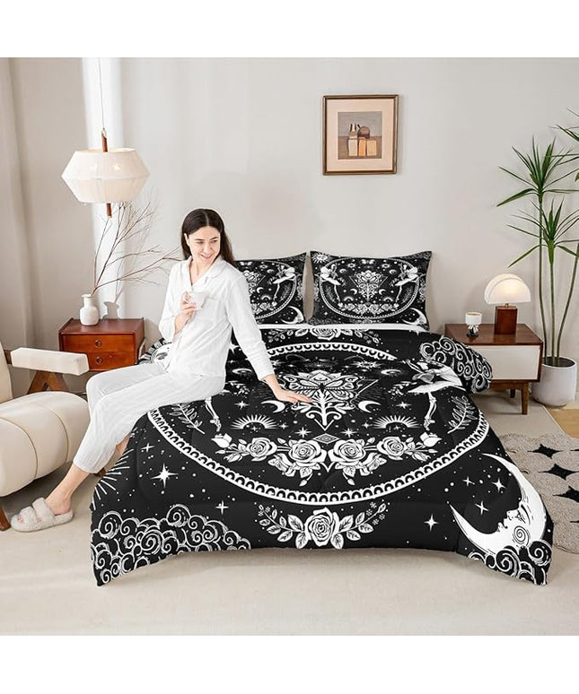 Sun Moon Kids Comforter Set Queen Size,Starry Sky Galaxy Trippy Bedding Set,Boys Girls Adults Room Decor,Butterfly Skeleton Rose Flowers Boho Down Comforter,Black White Duvet Insert,2 Pillowcases
