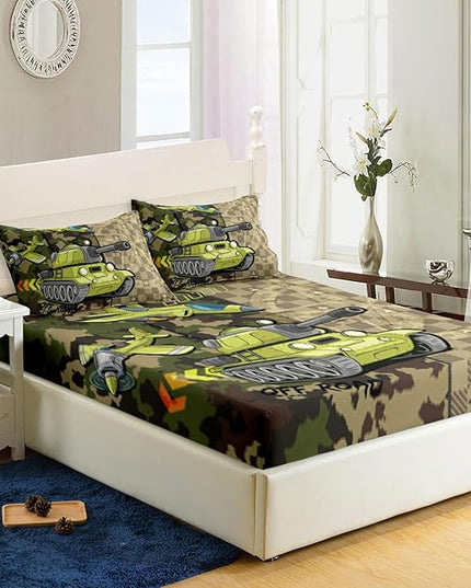 AILONEN Army Tank Helicopter Bed Sheet Full Size Camo Sheet Bedroom Decoration Gift for Kids Boys Bedding 3 Pieces Set,Soft Breathable Fitted Sheet and 2 Pillowcases