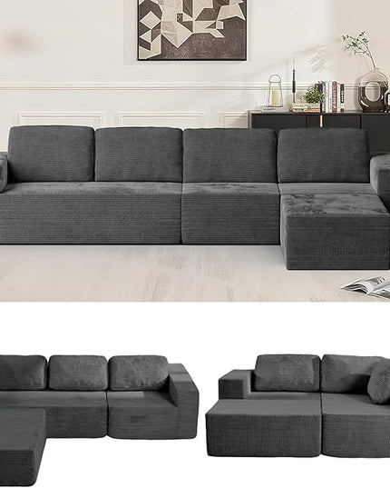 136" Cloud Sectional Couch, Left/Right Facing Convertible Sofa with Deep Seat, L-Shape Modular Upholstered Foam Couch for Living Room Bedroom, No Assembly Required (Corduroy Fabric, Grey)