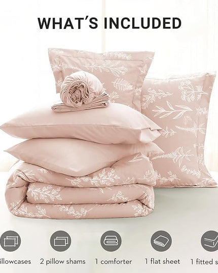 MUXHOMO Cameo Pink Bed in a Bag Queen 7 Pieces, Queen Comforter Set Reversible Botanical Flowers Design, Ultra Soft & Breathable Bedding Sets with Comforter, Sheets, Pillowcases & Shams