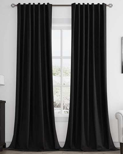 Guken Black Linen Blackout Curtains 108 Inch Length 2 Panels Set for Living Room Bedroom Back Tab Thermal Insulated 100% Black Out Linen Drapes Room Darkening Window Curtains 52x108