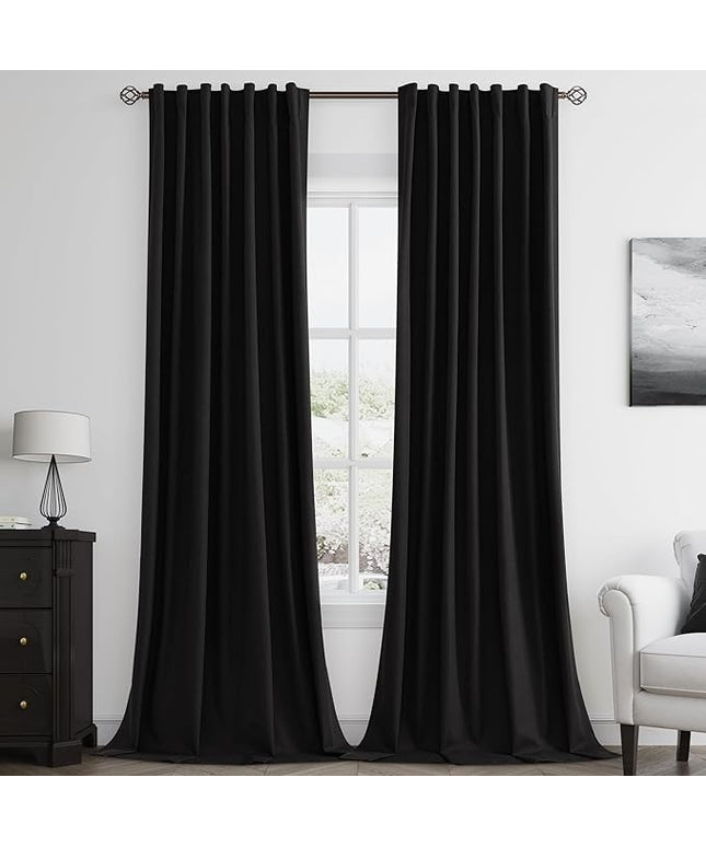 Guken Black Linen Blackout Curtains 84 Inch Length 2 Panels Set for Living Room Bedroom Back Tab Thermal Insulated 100% Black Out Linen Drapes Room Darkening Window Curtains 84 Inches Long