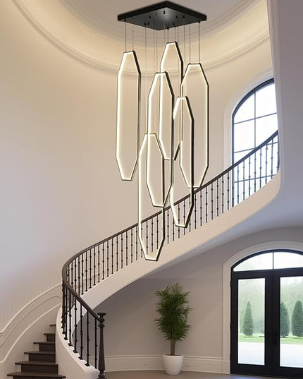 Modern Staircase Chandelier LED 6-Rings Foyer Chandeliers for High Ceilings Black Large Chandeliers Remote Control 3000K-6000K Dimmable Pendant Light for Living Room Staircase Entryway