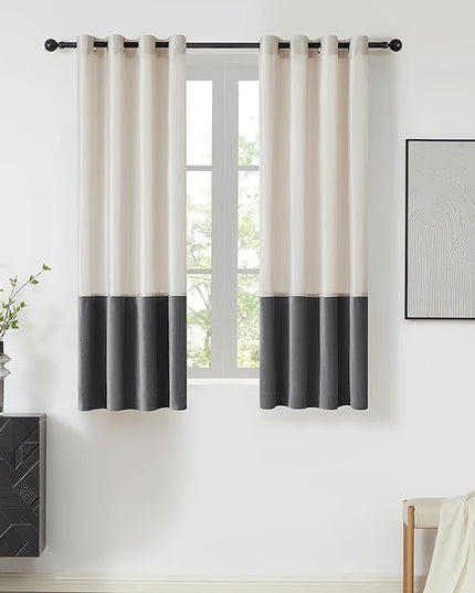BULBUL Color Block Window Curtains Panels 63 inches Long Cream Ivory Grey Velvet Farmhouse Drapes for Bedroom Living Room Darkening Treatment with Grommet Set of 2