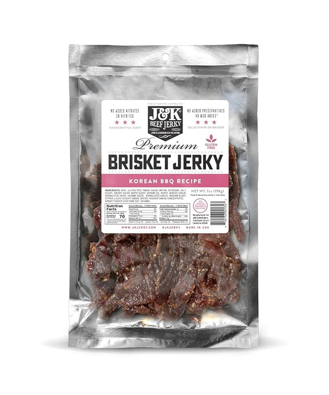 J&K Beef Brisket Jerky - Korean BBQ - Hand Crafted Small Batch American Made Slab Jerky - Bold & Flavorful Snack! - 7oz Big Bag