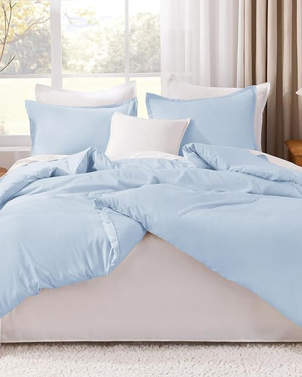 Litanika Comforters Light Blue Full Size, 3 Pieces Lightweight Solid Bedding Comforter Set, All Season Fluffy Bed Set (79x90In Comforter & 2 Pillowcases)