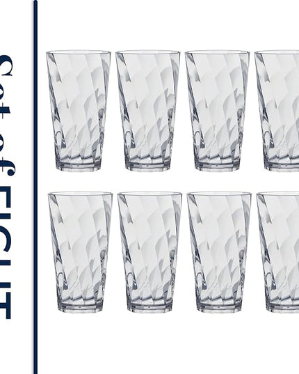 US Acrylic Optix Plastic Reusable Drinking Glasses (Set of 8) 20oz Water Cups in Clear | BPA-Free Tumblers, Made in USA | Top-Rack Dishwasher Safe